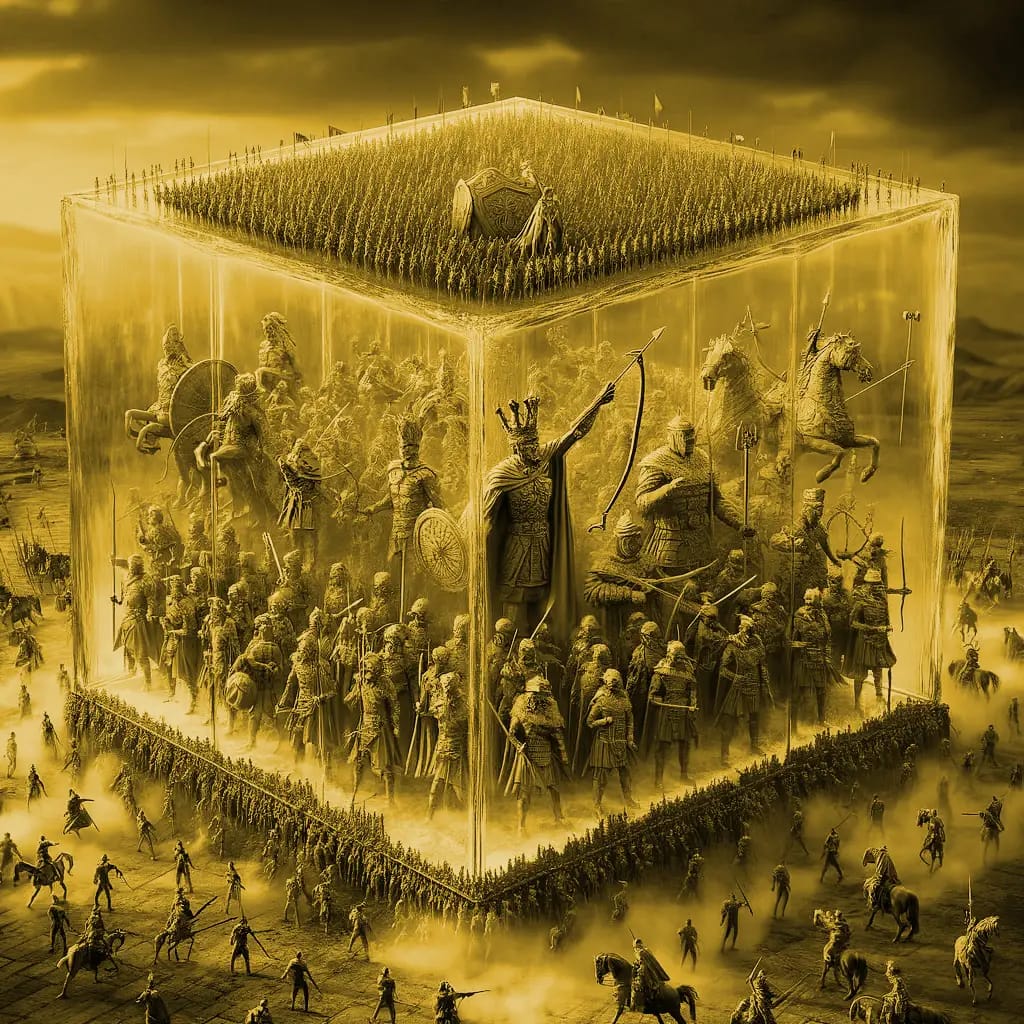 “Ancient army trapped inside a golden cube – A symbolic representation of rigid civilization, control, and the confinement of human potential.”