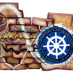 "Completed artwork showing a circular blue sphere with surrounding vibrant patterns and portrait elements, representing the Homologram concept where each part contains information about the entire holographic reality."