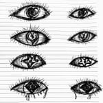 Series of stylized eye drawings arranged in vertical rows, representing different ways of seeing or perceiving reality within the Samsaragammon project."