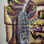 Abstract artwork with vibrant colors featuring stylized Middle Eastern-inspired figures and patterns reminiscent of Ibrahim, the mathematician portrayed on Baldor's algebra textbook."