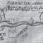 "Hand-drawn sketch on paper showing flowing abstract lines with annotated elements, part of the early Samsaragammon concept development."