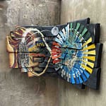 Samsaragammon game board from an angular perspective, showcasing the distinctive curvist style with flowing organic lines, radiating patterns, and colored segments representing the six realms of existence