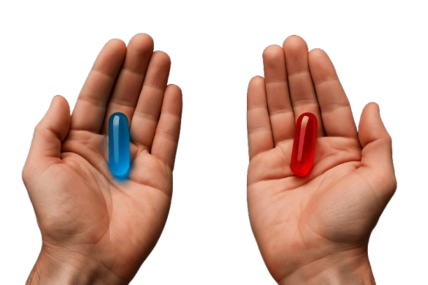 Dos manos ofreciendo la píldora azul y la píldora roja, símbolo del Oráculo Matrix en el movimiento Curvismo.