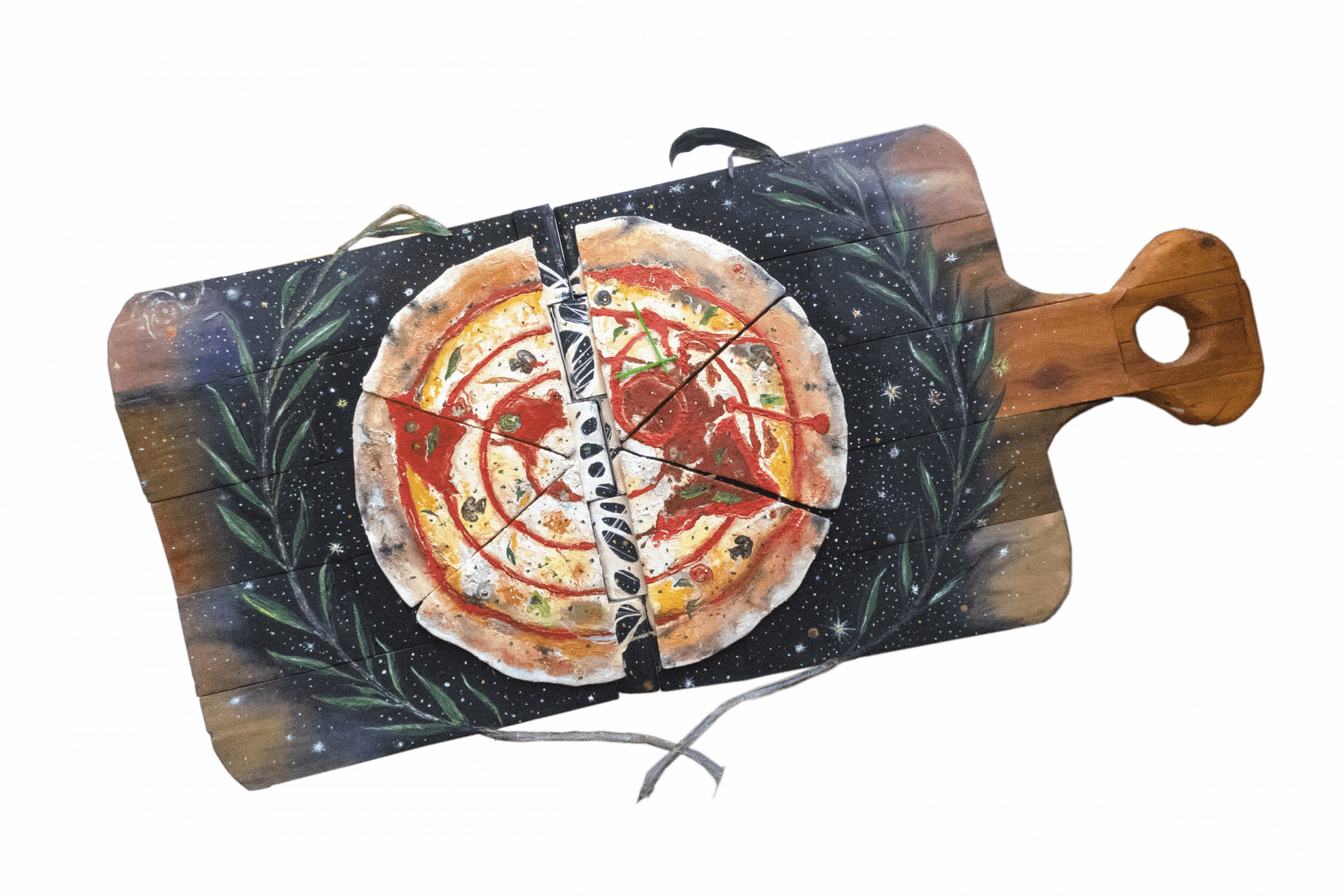 Pizza Planet Toy Story inspired Curvism art olive branch peace symbol voodoo clock curved corner installation Federico Garcia